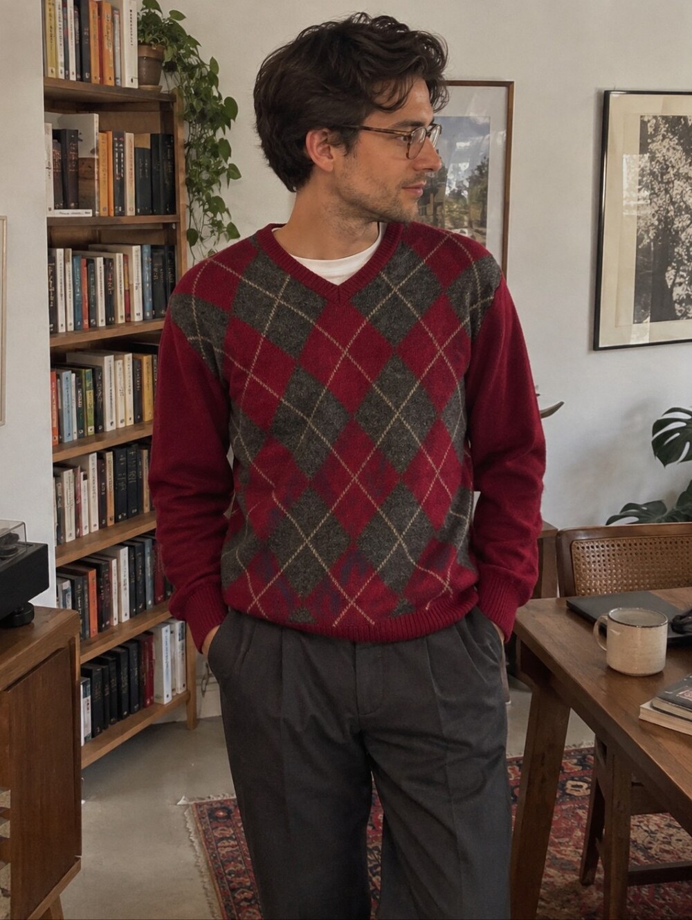 Retreat Lambswool Argyle V-Neck Sweater Burgundy Grey Men’s M